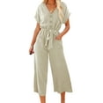 thumbnail image 1 of VISgogo Mono recortado para mujer, manga corta, cuello en V, cierre de botón, lazo en la cintura, pantalones sólidos con bolsillos VISgogo moda, 1 of 5