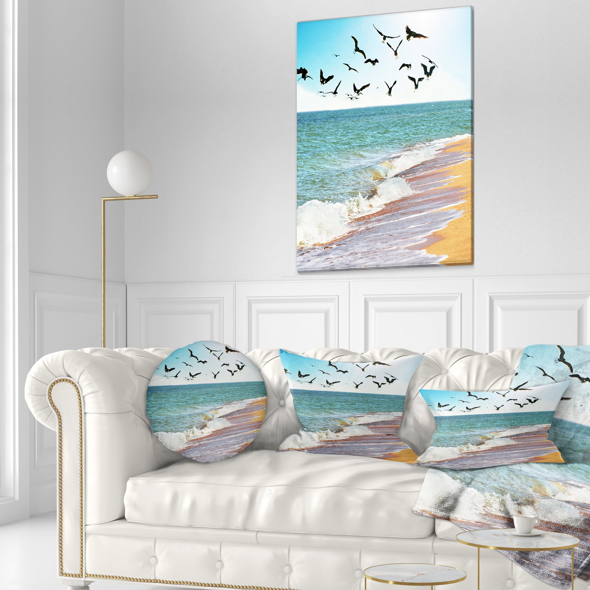 Designart Sea Gulls over the Seashore - Seashore Throw Pillow - 12x20
