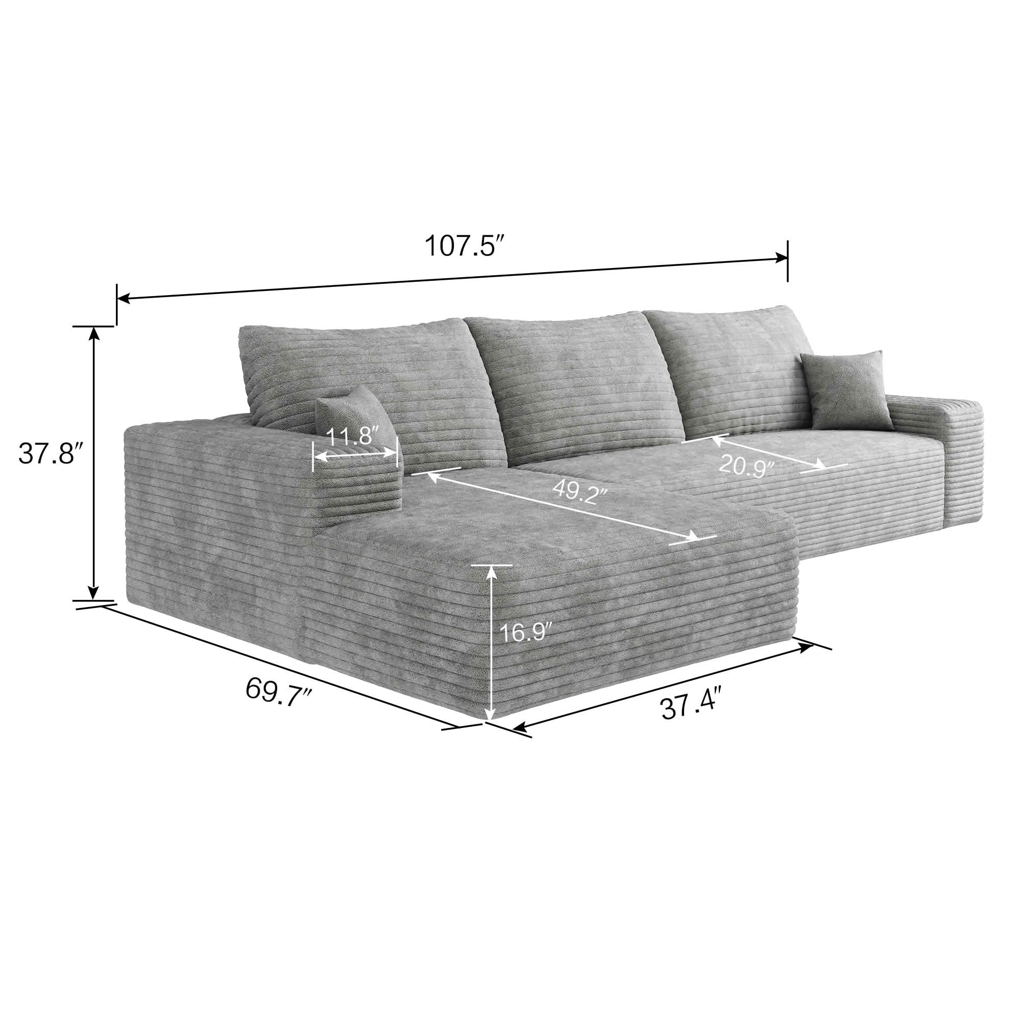 MAYEERTY 107" Cloud Sectional Couch, L-Shape Chaise Modular Sofa, Deep Seat Plush Corduroy, No Assembly, Gray