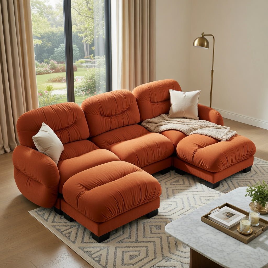 Hommoo Chenille U-Shaped Modular Sectional Sofa with Ergonomic Foam, Pleated Back Design, 3-Seater + 2 Ottomans & Round Throw Pillows, Orange