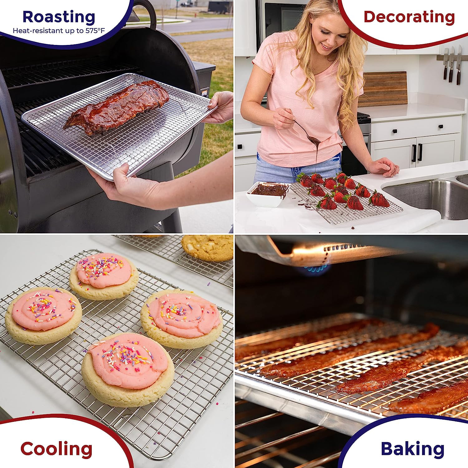 Oven-Safe Stainless Steel Wire Cooling Rack for Baking, Cake, Breads - Oven  Cooking, Roasting, Grilling - Heavy Duty Commercial Quality Fits Jelly Roll  Pan 