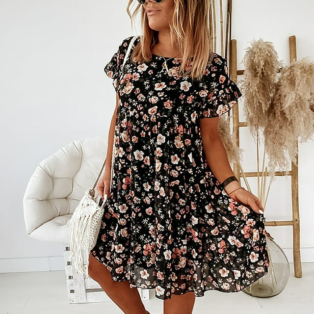 SHOPESSA Robe d'Été à Col Rond pour Femmes Grande Taille, Imprimé Floral de Plage, Volants, Robe Décontractée