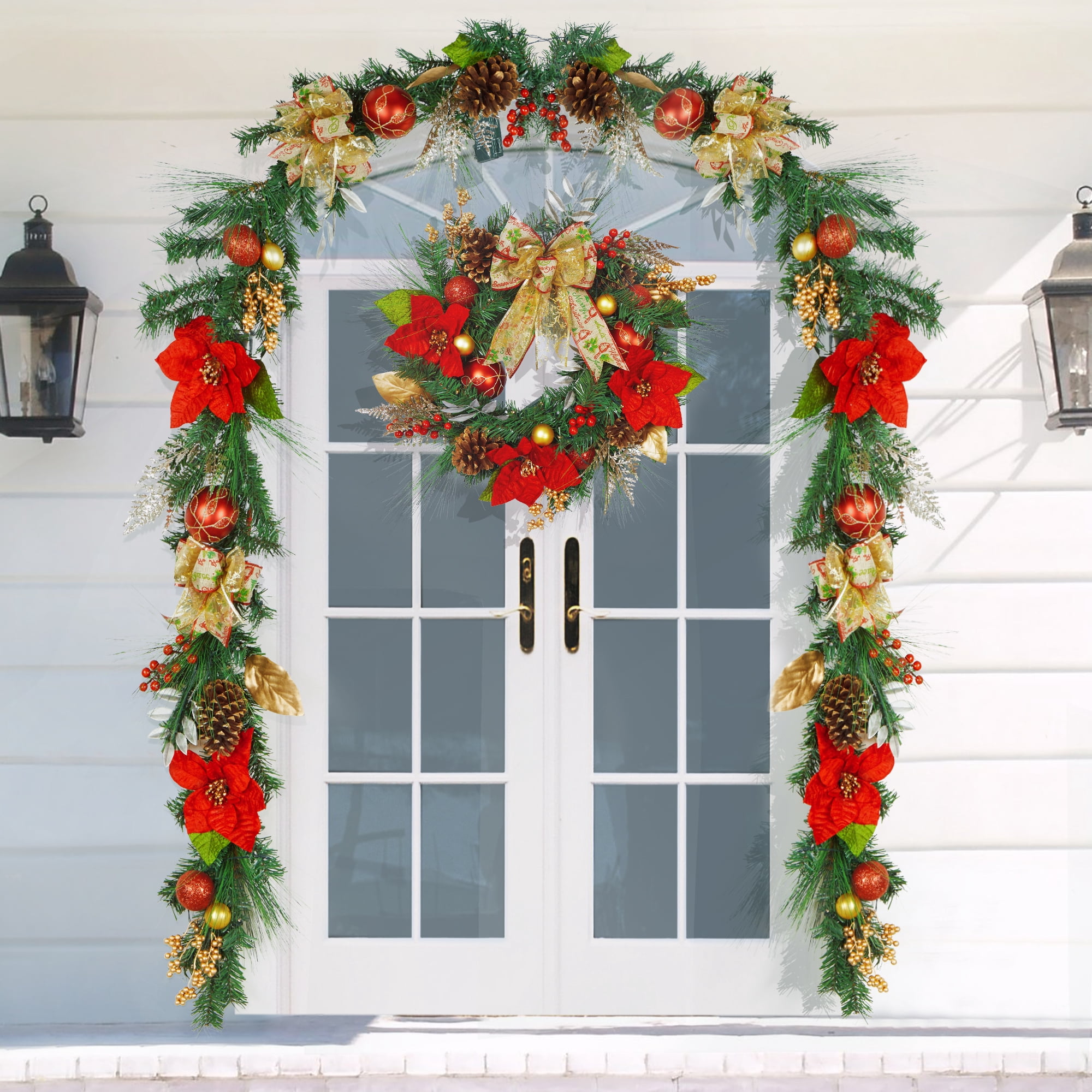 XY Fancy Pre-Lit Christmas Wreath for Front Door, 24in Christmas