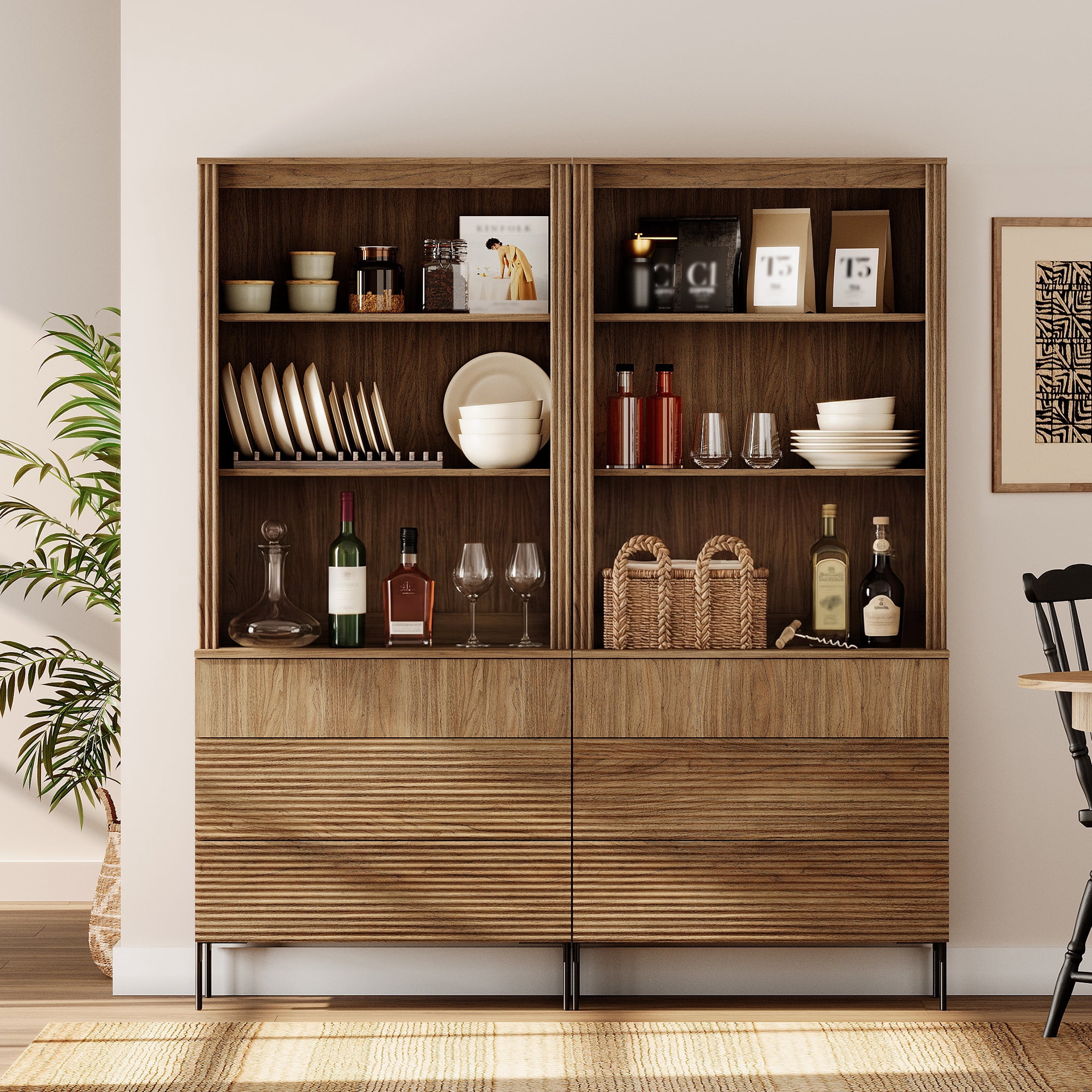 71.6" Tall Fluted Kitchen Pantry Cabinet Set of 2, Wood Bookcase Display Cabinet with Drawers and Adjustable Shelves, Modern Versatile Cupboard For Dining Room, Bedroom