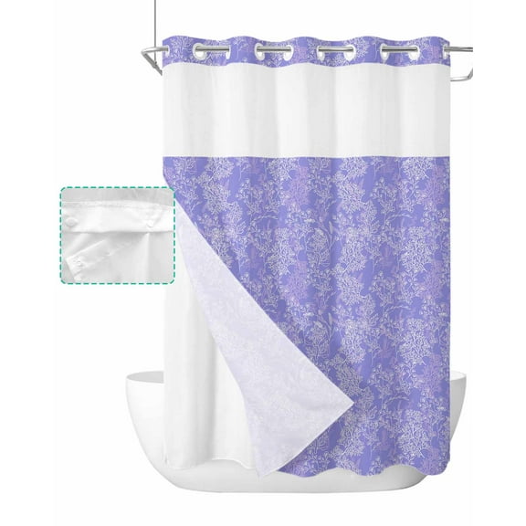 No Hook Shower Curtain with Snap in Liner, Spring Hand Drawn Lavender Chrysanthemum Hotel Shower Curtains for Bathroom, Washable Shower Curtain Liner Set with Mesh Top Window, 48"x72"