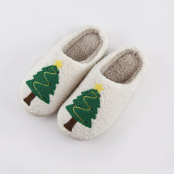 Weloille Christmas Cotton Slippers Winter Warm Padded Warm Shoes Christmas Tree Cotton Slippers Women's Home Soft Bottom Non-slip Indoor Floor Mute Cotton Slippers