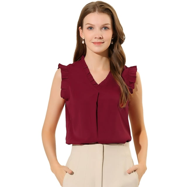 INSPIRE CHIC Women's Ruffled Sleeveless Pullover V- Neck Work Blouses Tops