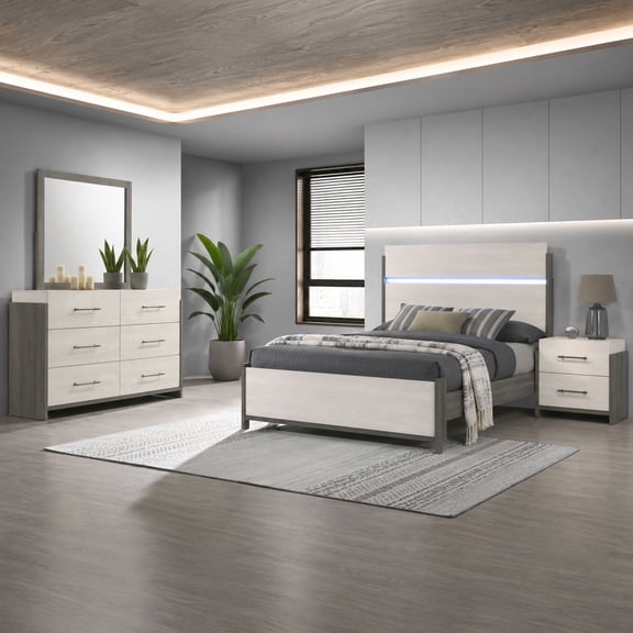Kings Brand Furniture Ashford 4-Piece Bedroom Set - Queen Size Bed Frame with LED Headboard, Dresser w/ Mirror, and Nightstand, White/Grey