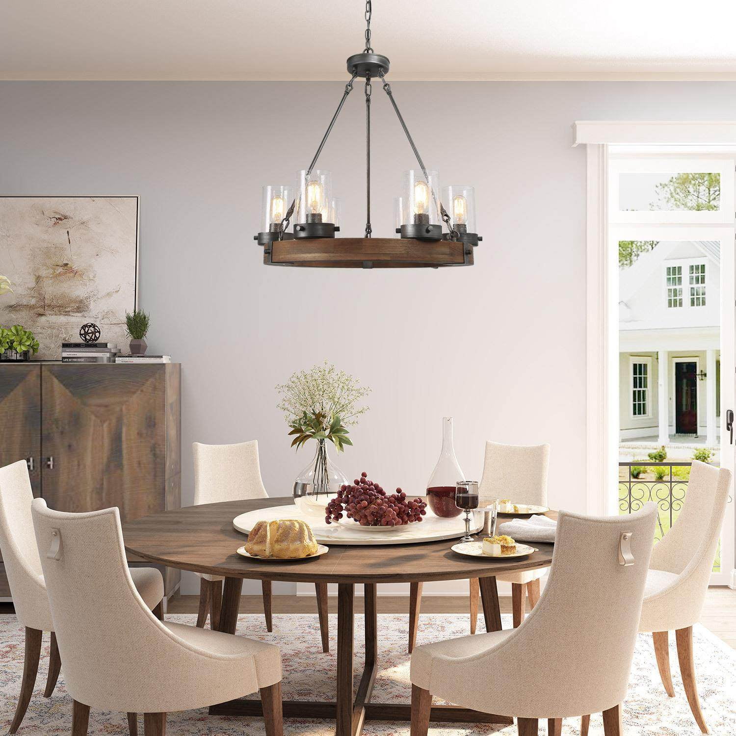 LNC 6-Light Distressed Wood and Gray Wagon Wheel Chandelier with Seeded Glass