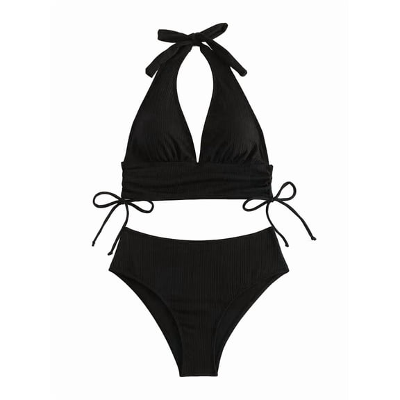 Women'S Bikini Sets High Waisted Ribbed Swimwear Bathing Suit Halter Drawstring Ruched 2 Piece Swimsuits