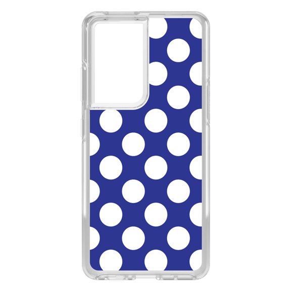 DistinctInk Clear Shockproof Hybrid Case for Galaxy S21 ULTRA 5G (6.8" Screen) - TPU Bumper, Acrylic Back, Tempered Glass Screen Protector - White & Dark Blue Polka Dots