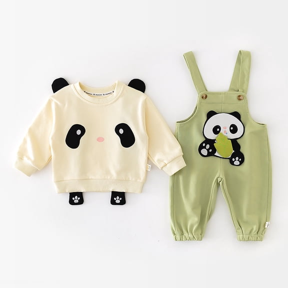 Girls Spring Outfits Fall Panda Print Hoodie and Suspenders Pants Casual 2 Piece Set Toddler Girl Clothes Light Green 6-12 Months