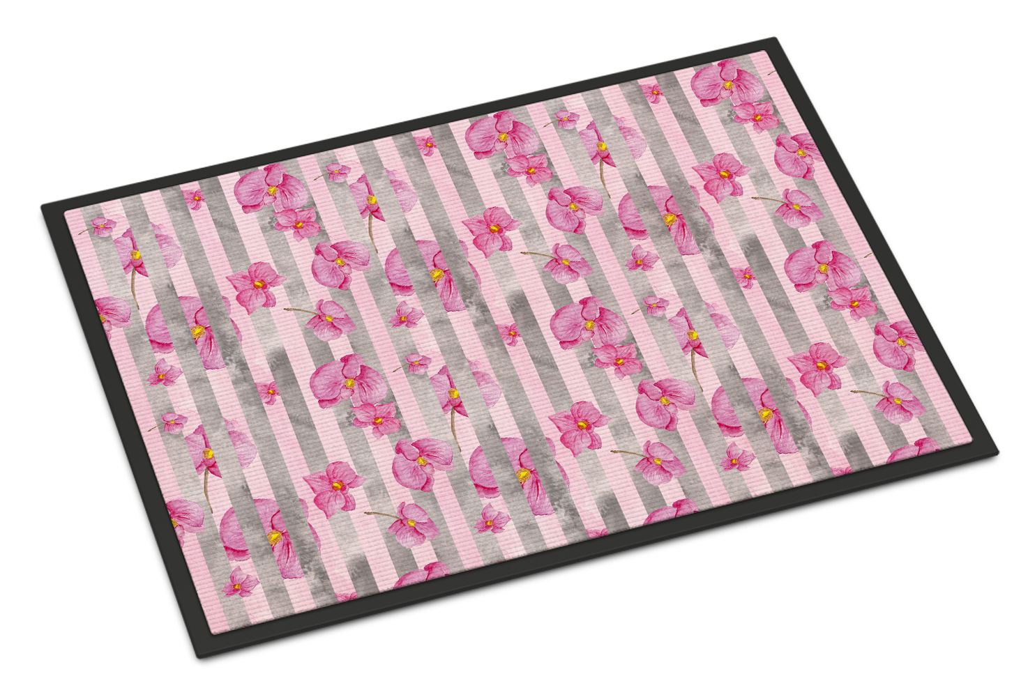 Watercolor Pink Flowers Grey Stripes Door Mat