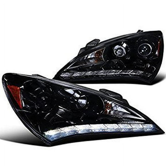 Spec-D Tuning 2LHP-GENS210G-V2-TM Hyundai Genesis Coupe Glossy Black Projector Smoke Headlights W/ R8 Led Drl
