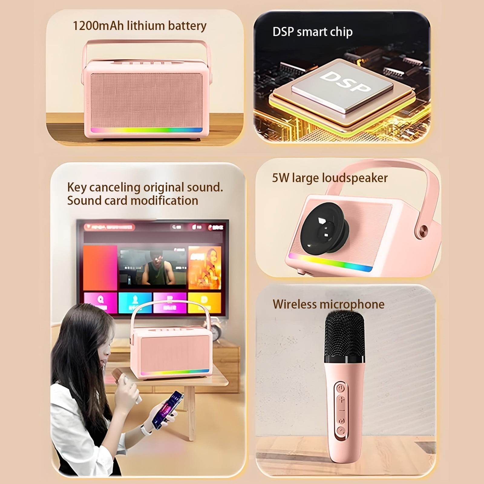 Byujiro Mini Karaoke Machine with 2 Wireless Microphones, Portable Outdoor Karaoke Speaker Mini Wireless Microphone Home Sing Microphone Integrated Machine Bluetooth Speaker with Two Microphones