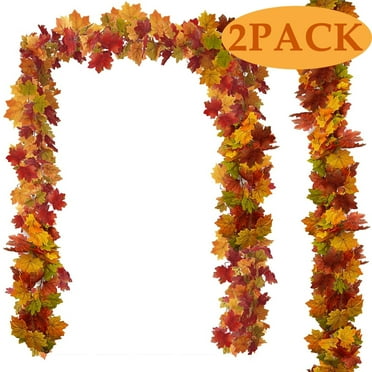 Fall Maple Leaves Garland with Lights Fall Thanksgiving Decor Garland for Home Porch Front Door Table Mantle Outdoor Autumn Harvest Decor 11.5Ft 2-Pack
