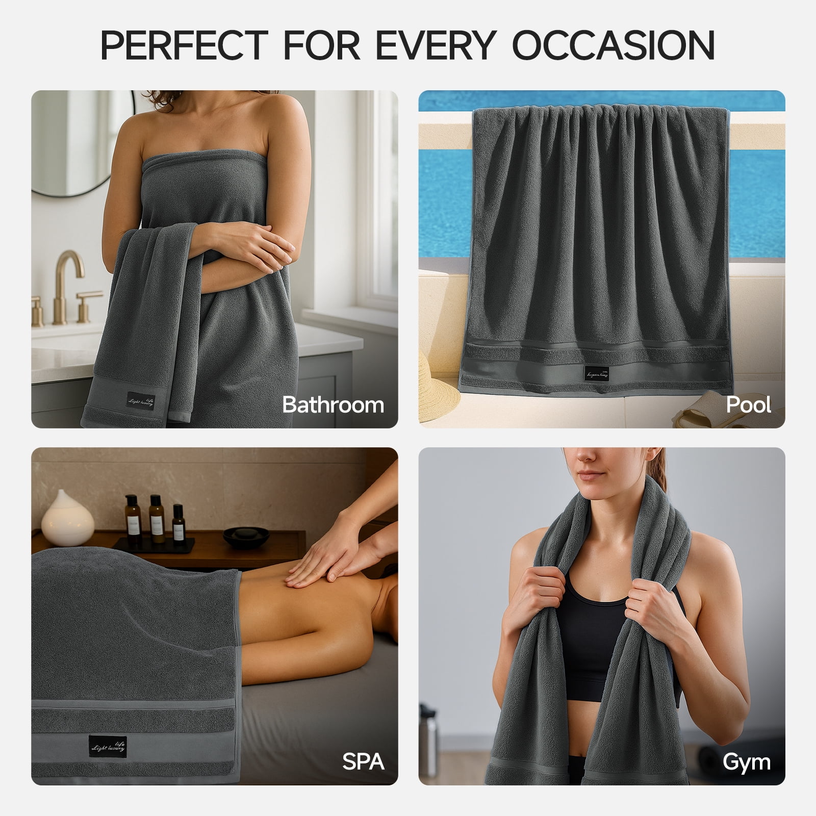 REDKISS 100% Cotton Bath Towels Set 2 Pack, 31x63 760GSM Luxury Dark Gray Towels. Shower Towels for Bathroom, Hotel Quality Toallas Para Baño.