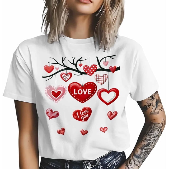 Camisetas para hombre, camiseta de algodón con cuello redondo, diseño de corazón y rama de árbol, manga corta, ideal para San Valentín.