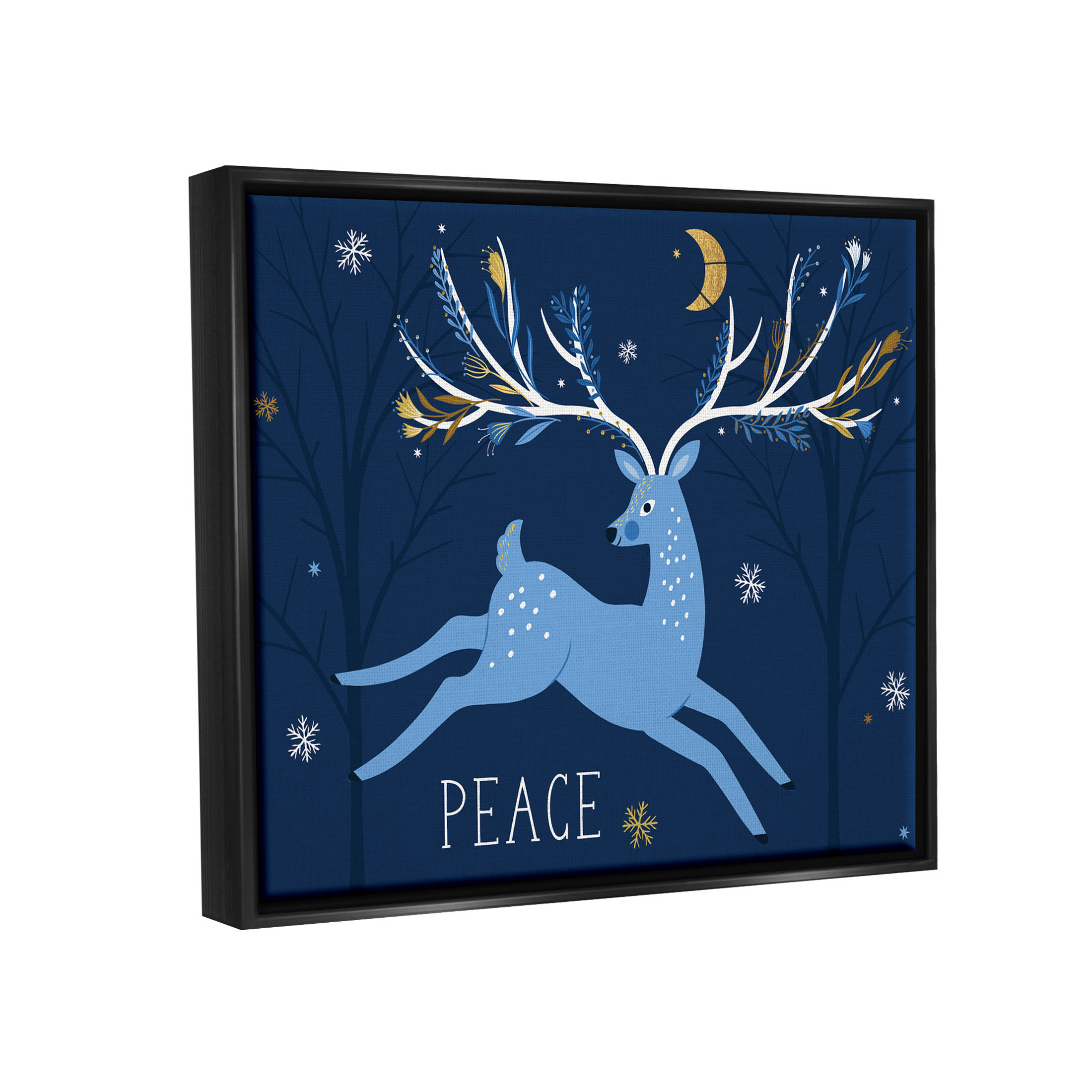 Peace Jumping Deer Snowflakes Holiday Graphic Art Jet Black Framed Art Print Wall Art