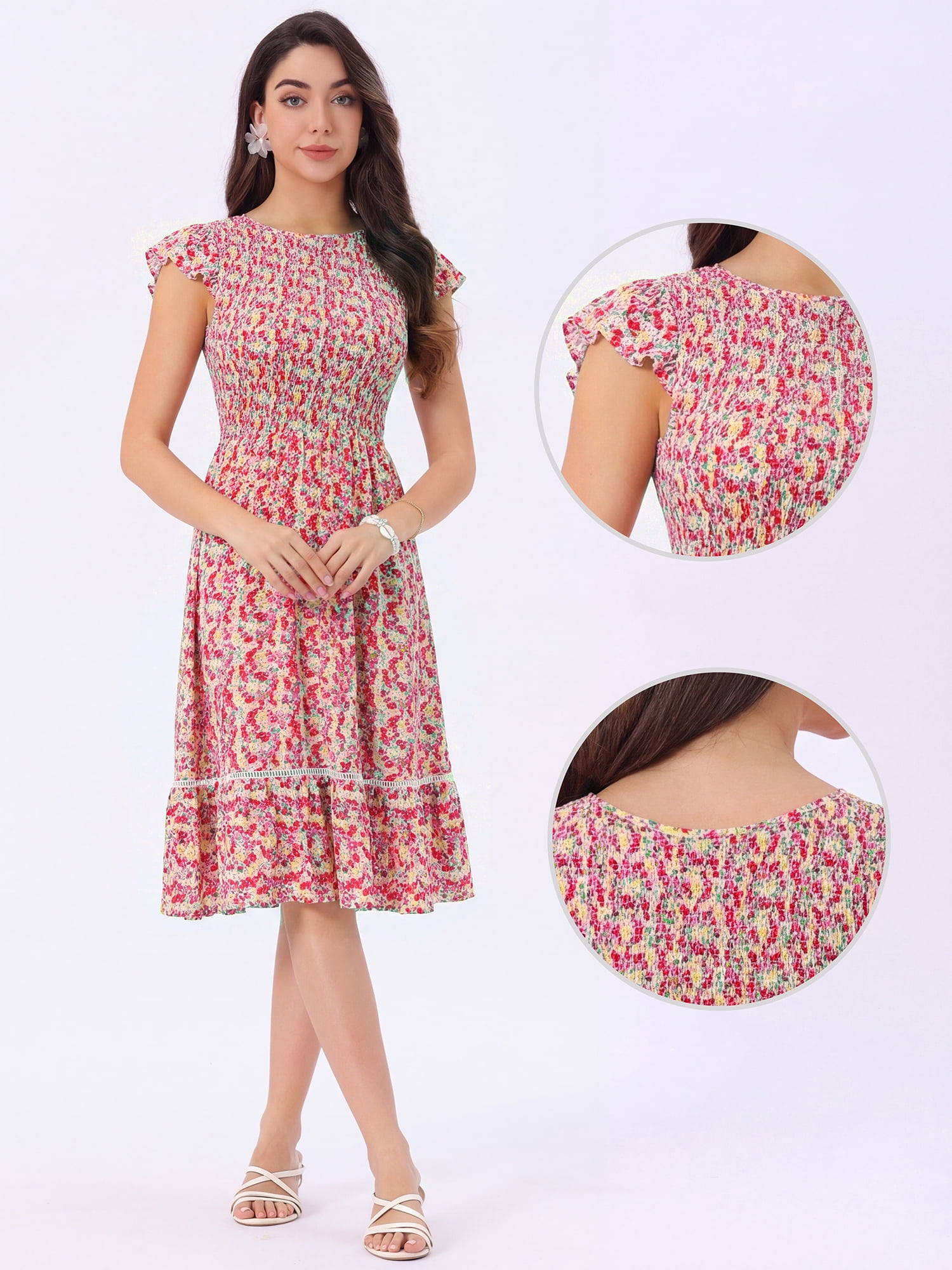 DARING DIVA Women's Stylish Midi Smocked Floral Fit and Flare Dresses M White Red