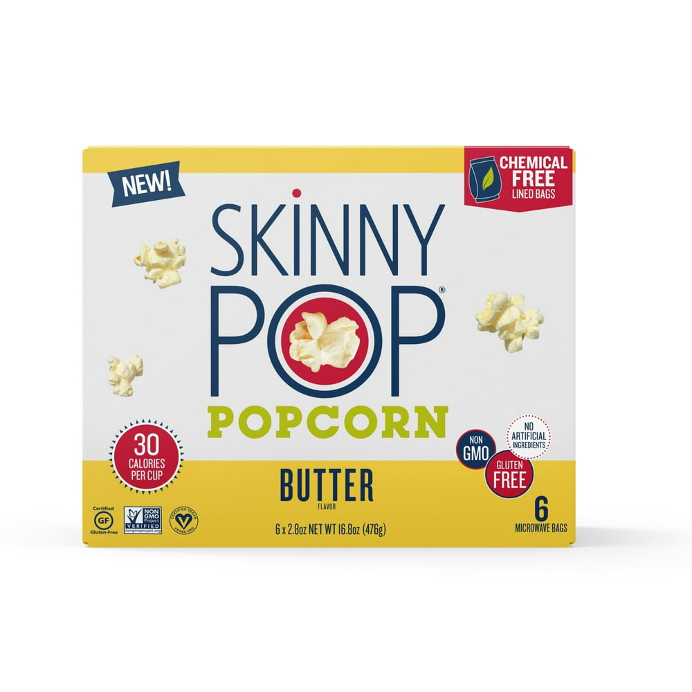 SkinnyPop Microwave Butter Popcorn Box of 6 Microwavable Bags