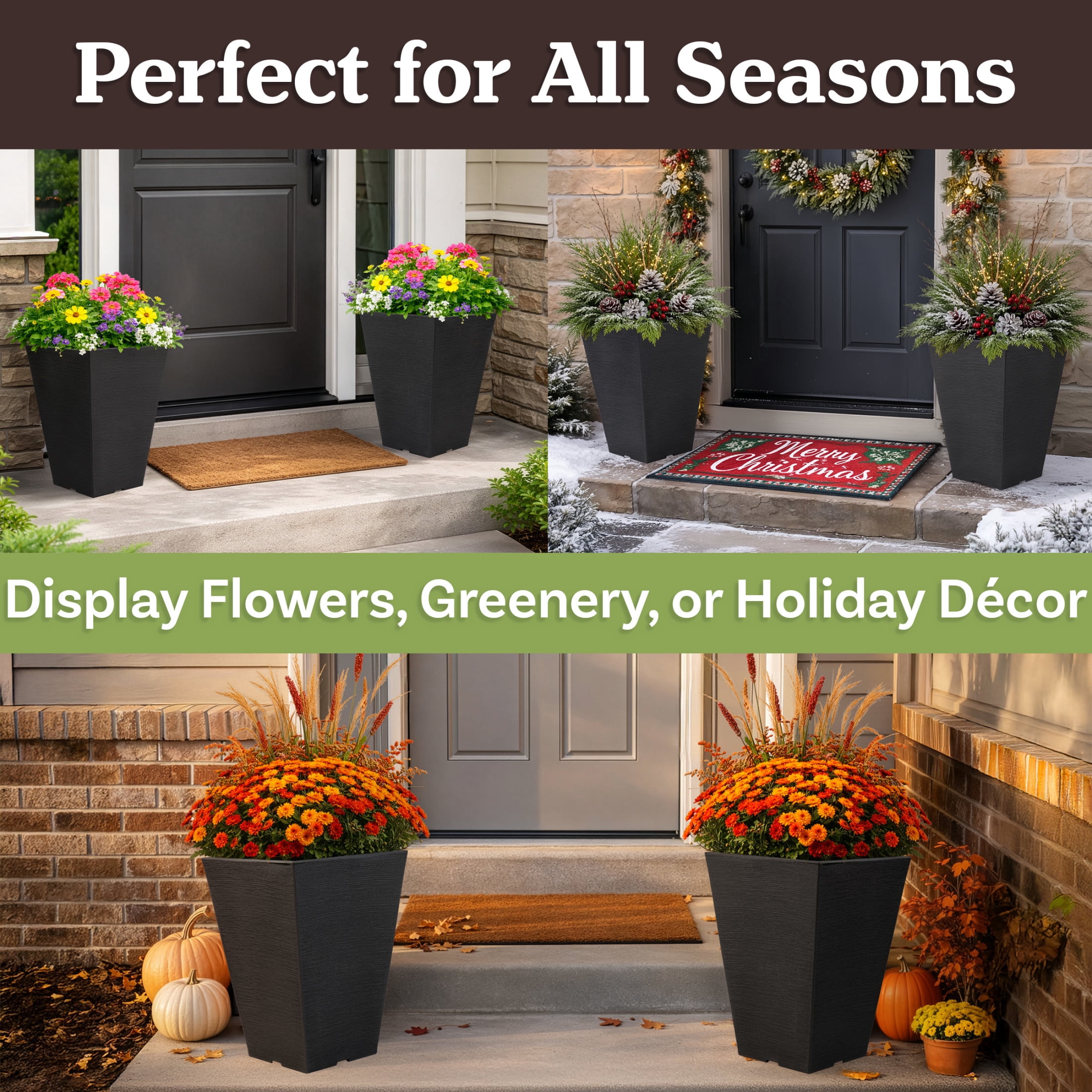 Pure Garden Large Outdoor Planters 2-Pack - 13.75” Tall Planters for Outdoor Plants or Indoors, Gray
