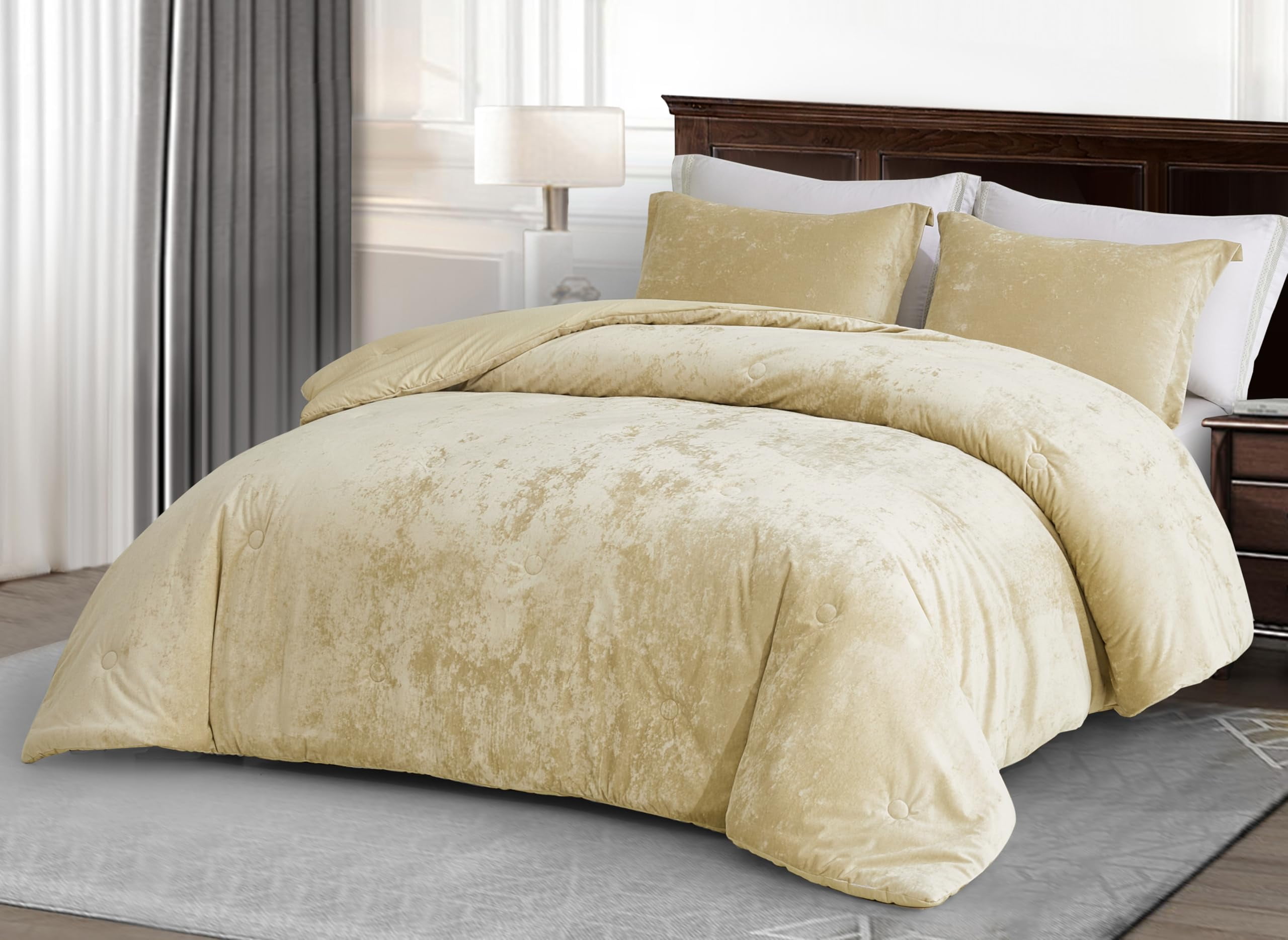 Chezmoi Collection Lux 3-Piece Beige Velvet Comforter Set King Size, All Season Lush Plush Velvet Bedding Set with Soft Washed Microfiber Reverse