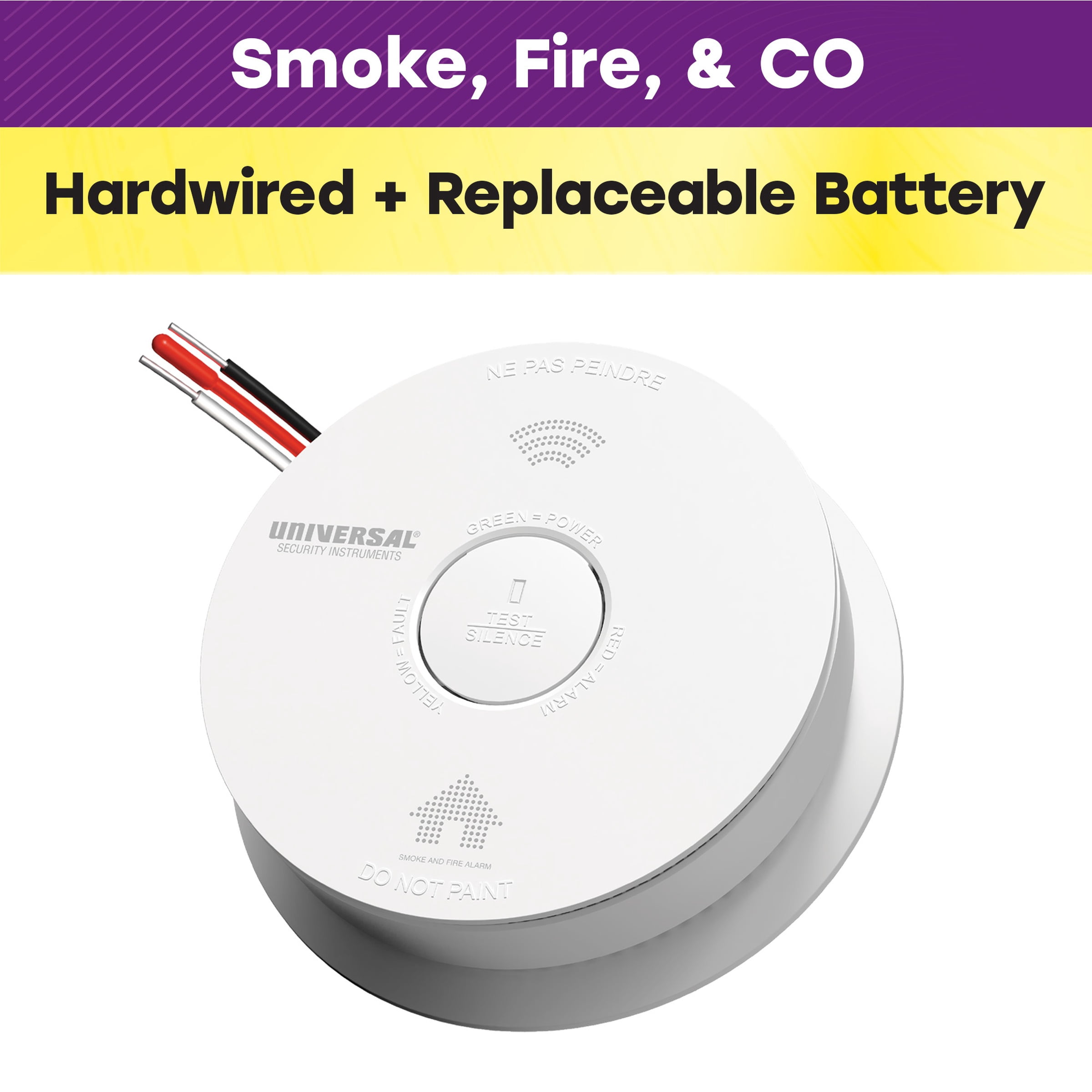 Universal Security Instruments Hardwire Smoke, Fire, and Carbon Monoxide Alarm with Battery Backup and Voice Alerts