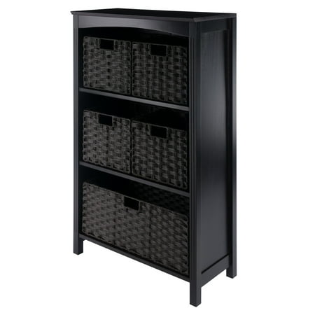 Winsome Wood Terrace 6-Pc Storage Shelf with 5 Foldable Woven Baskets, Espresso and Chocolate