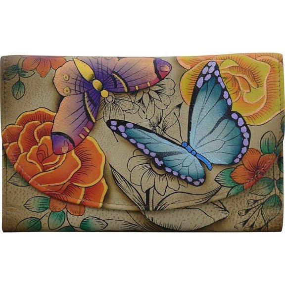 Anna by Anuschka Women's Geniune Leather Hand Painted Large Three Fold Checkbook Clutch Wallet - Floral Paradise Tan