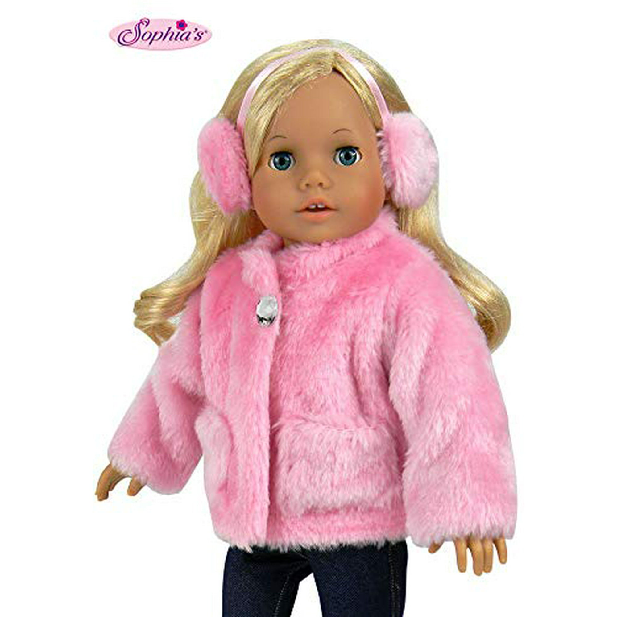 Sophia's 18 Inch Doll Clothes Pink Fur Coat Earmuff/Headband fits 18 Inch  American Girl Dolls More, Jeweled Fur Coat in Pink Headband/Earmuffs