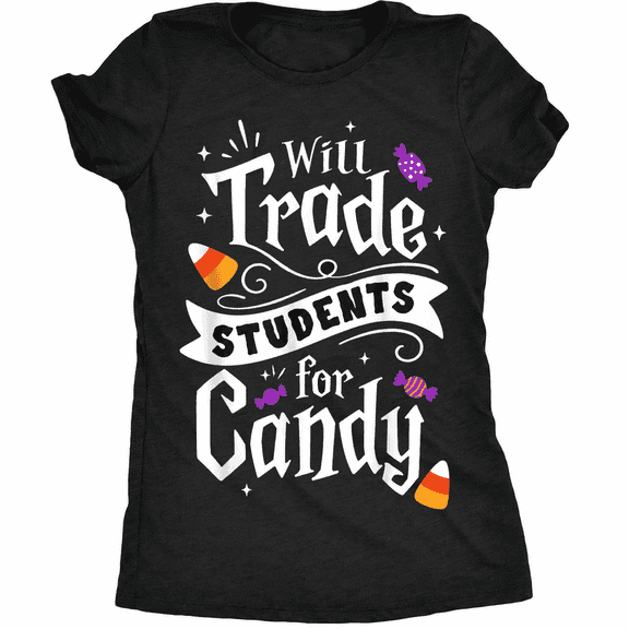 GODMERCH Will Trade Students For Candy Cotton Halloween Graphic T Shirt Funny Teacher Tee for Women