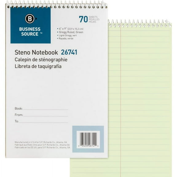 Business Source Steno Notebook - 70 Sheets - Wire Bound - Gregg Ruled - 15 lb Basis Weight - 6" x 9" - Green Paper - Stiff-back - 1 Each | Bundle of 5 Each