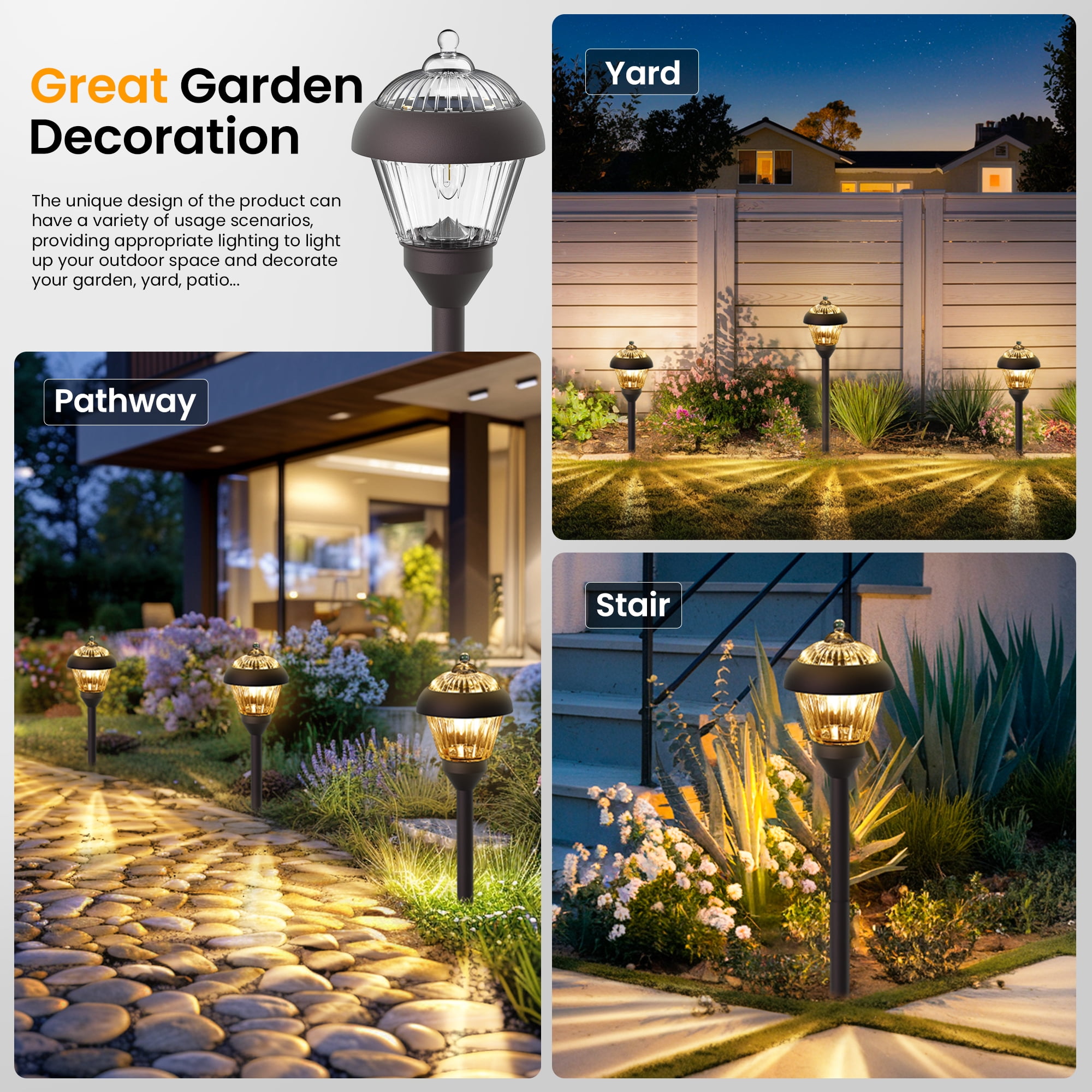 FKHouse Solar Pathway Lights, 4 Pack Bronze Metal Outdoor Garden Lights with 2 LED Bulbs, Waterproof Landscape Lighting for Driveway, Yard, Walkway