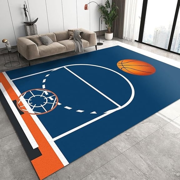 Blue Basketball Court Area Rug, Basketball Court For Sports Enthusiasts Indoor Non-Slip Kids Rugs, Machine Washable Breathable Durable Carpet For Front Entrance Floor Decor 3x4ft