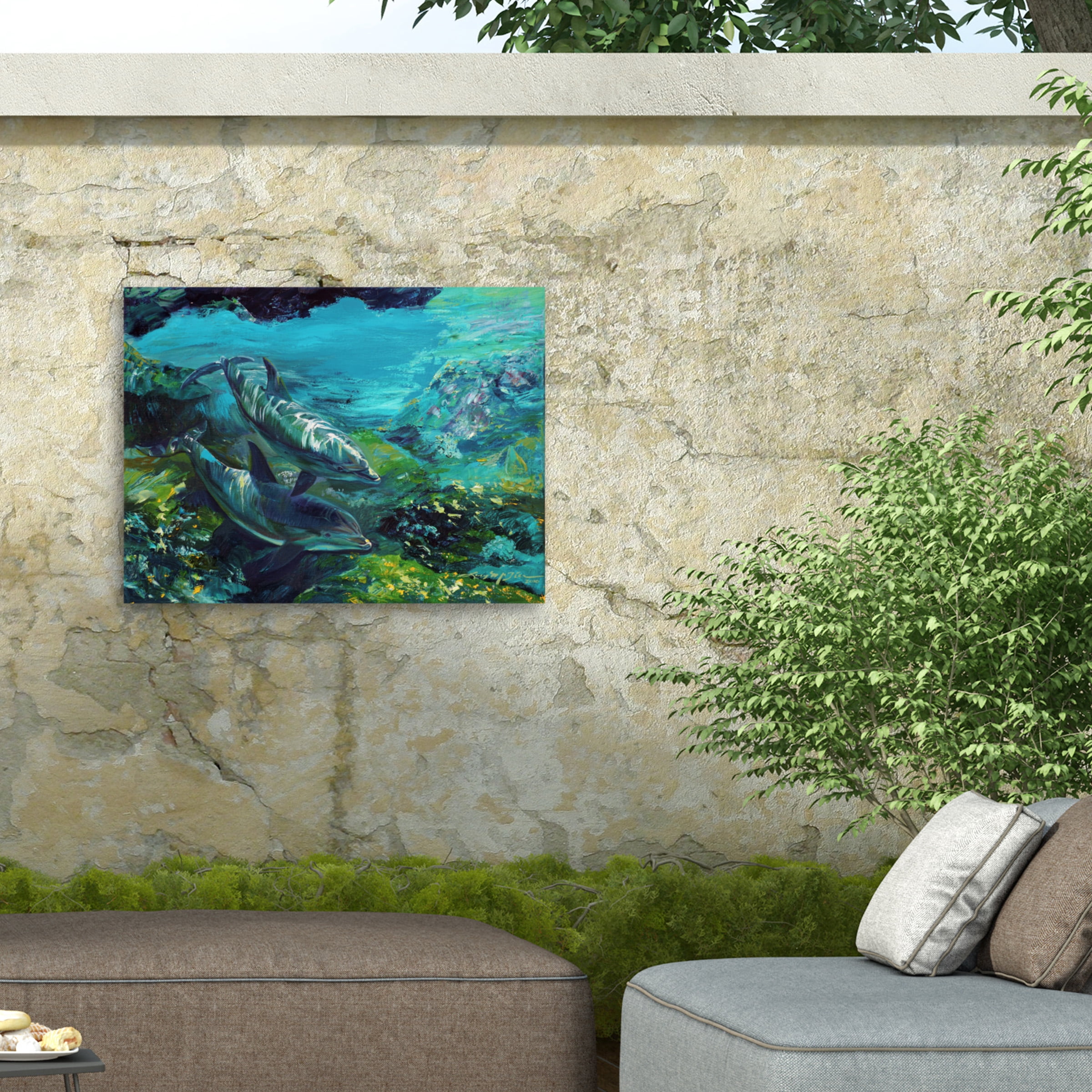 Lucy P. Mctier 'Tranquility Atlantic Bottlenose Dolphins' Outdoor Canvas 24x32