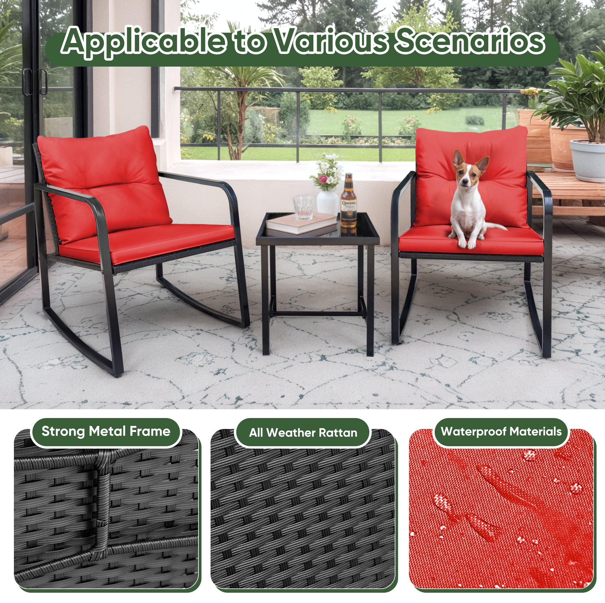 Devoko 3 Pieces Rocking Patio Furniture Sets Outdoor Rocking Chair PE Rattan Bistro Rocker Conversation Sets with Coffee Table for Garden, Red