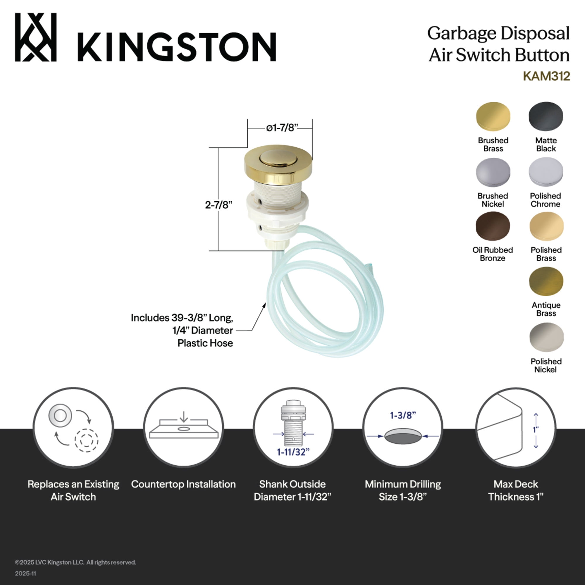 Kingston Brass KAM318 Trimscape Garbage Disposal Air Switch Button in Brushed Nickel