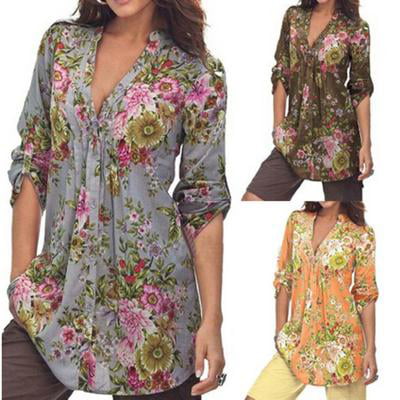 Vintage Floral Print V-neck Tunic Tops Women's Fashion Plus Size Tops (Best Vintage Clothing Websites)