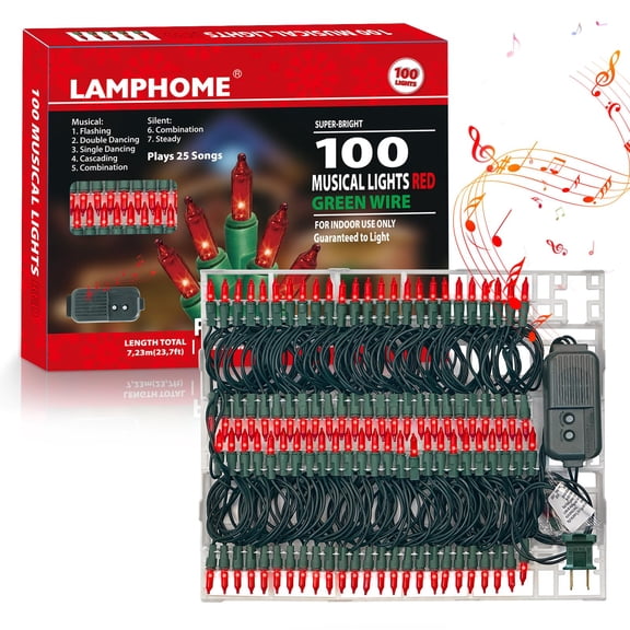 LAMPHOME Musical Christmas Lights,100 Lights 23.7ft Plays 25 Classical Holiday Songs,UL Certified Mini Bulb String Lights for Outdoor Christmas Tree Garden Party Patio Garland Decor (Red)
