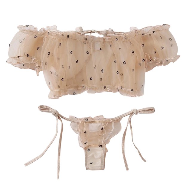 Intimates Ensemble de Soutien-Gorge Sans Bretelles en Dentelle Brodée avec Nœud pour Femmes, Pyjama Lingerie