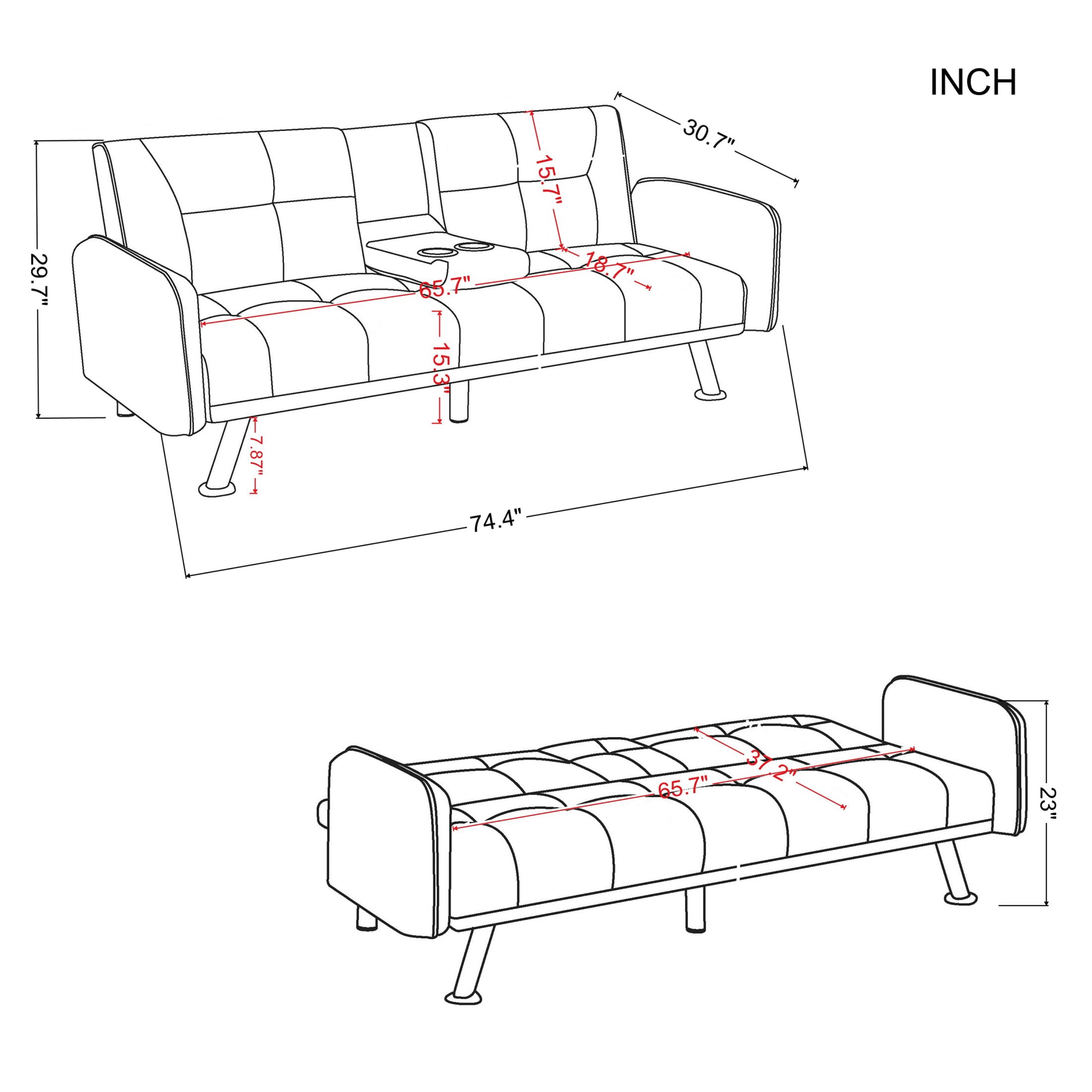 BSHTI 74.4” Futon Sleeper Sofa Bed Features a Drop-Down Middle Backrest, Twin-Sized Futon Bed, Polyester Fabric, 3 Adjustable Backrest, Plum Purple