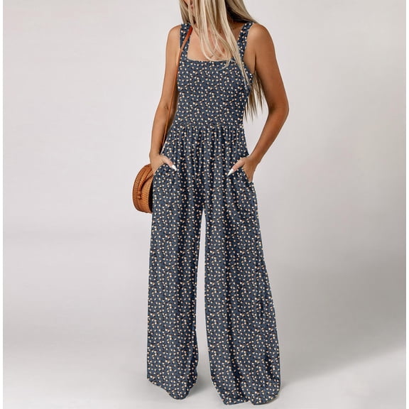 Navy Jumpsuits for Women Casual Loose Overalls Sleeve Less Printed Wide Leg Long Pant Rompers Beach Vacation Clothes for Women with Pockets