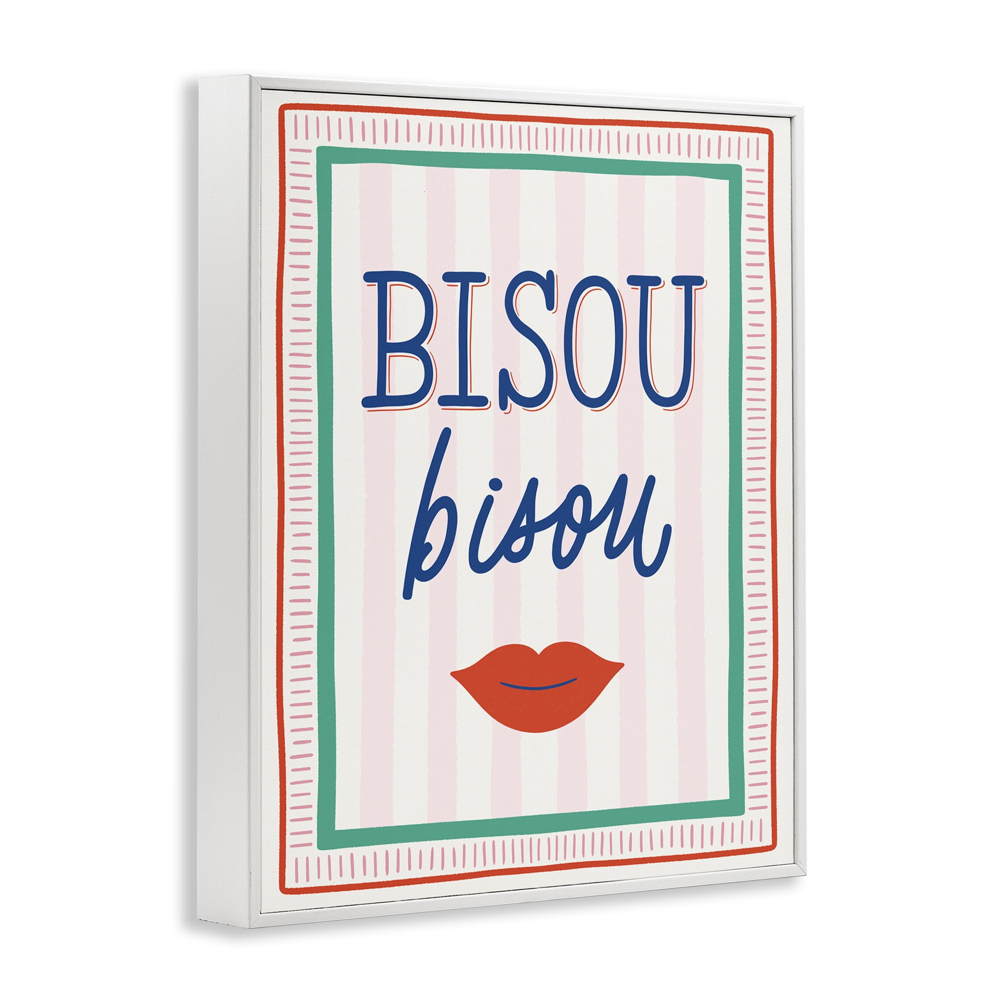 Stupell Industries Bisou Kiss over Stripes White Framed Giclee Art, design by Jalynn Heerdt