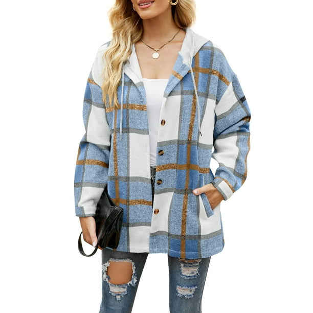 Women Flannel Jacket with Hood Plaid Hooded Shacket Shirt Shacket Coat Fall Spring Clothes