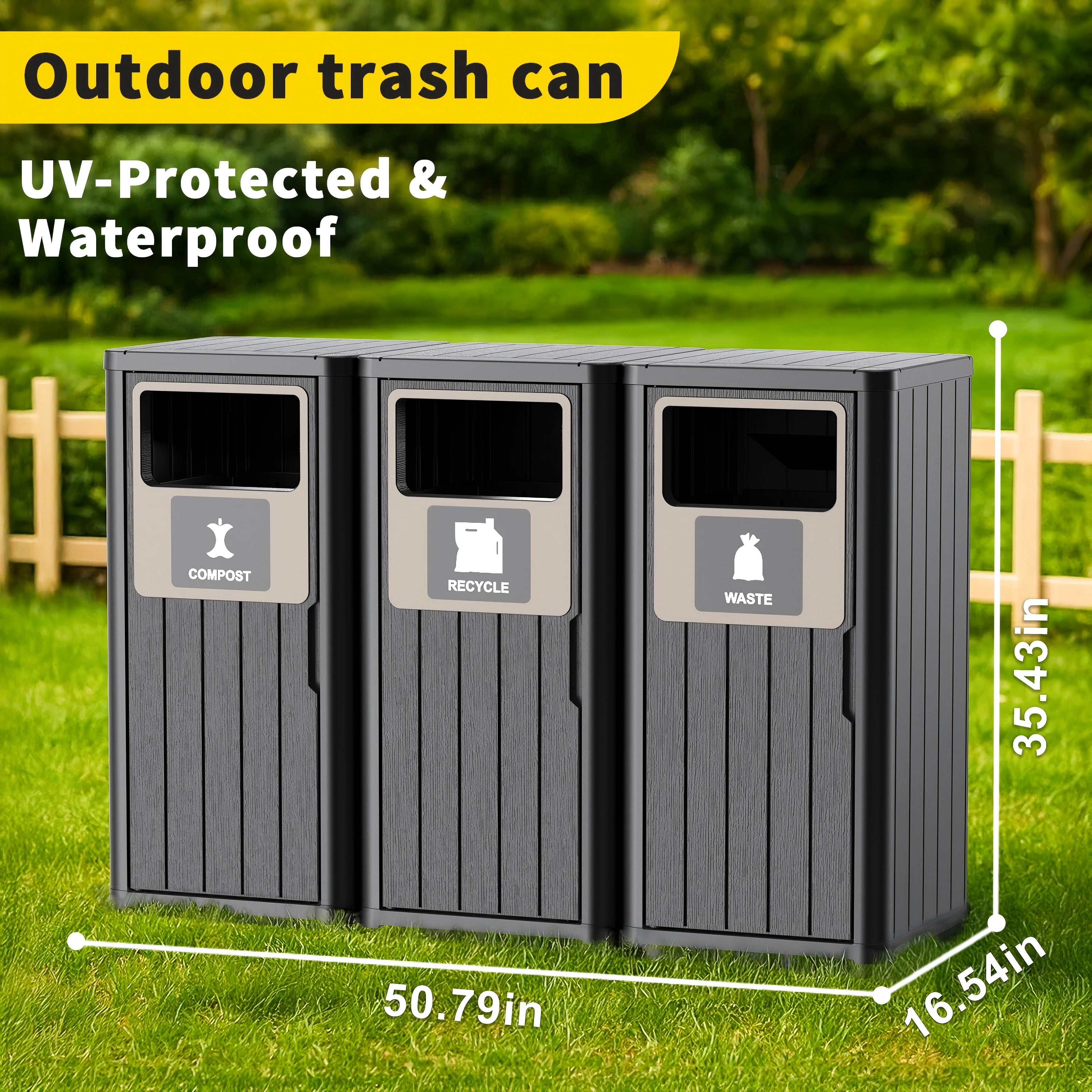 Outdoor Single Barrel Trash Can,Waterproof Resin Garbage Can with Garbage Labels,Durable Waste Bin for Porch, Backyard,Kitchen,for 30 to 39 Gallon Trash Bags（Black，3)