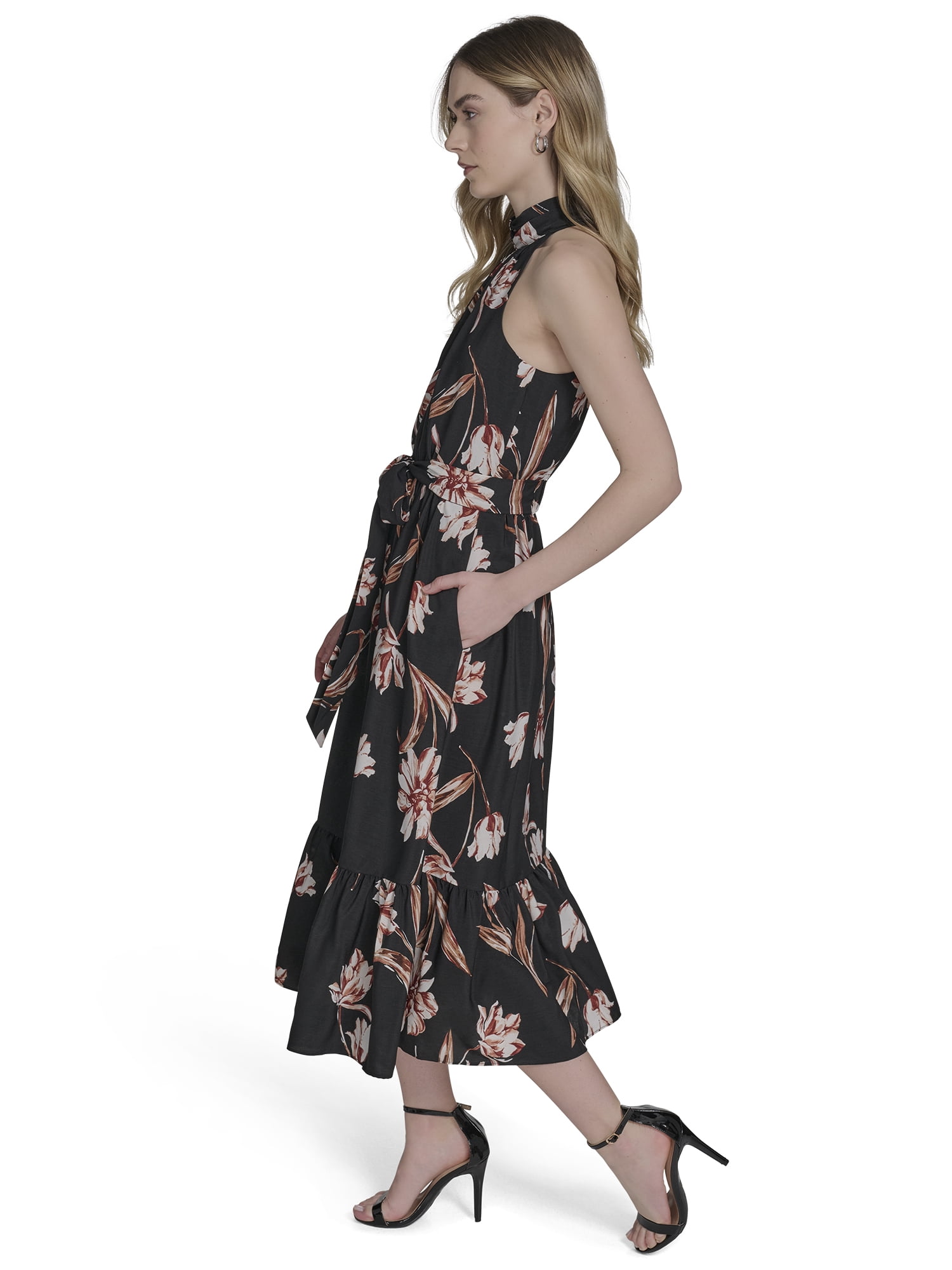 Falling Flowers Women's Mock Neck Sleeveless Midi Dress, Sizes XS-XL