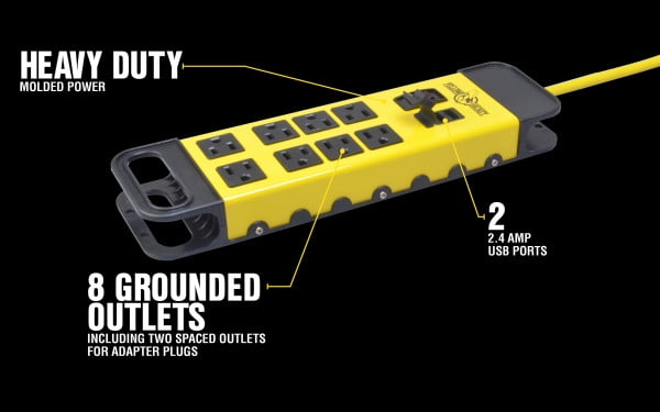 Yellow Jacket 5148 Yellow 8-Outlet Metal Power Block with 2.4A USB Ports and Debris Covers