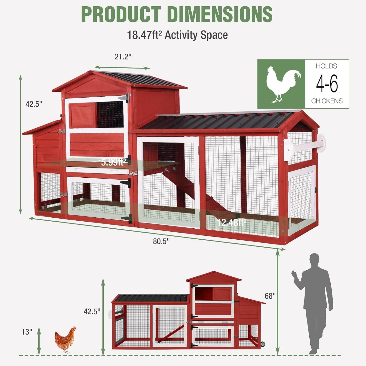 Aivituvin Mobile Chicken Coop with Wheels for 4-6 Chickens, Large Outdoor Hen House with Run, Weatherproof Roof, Sectionable Nesting Box, Pull-Out Tray, 83.3" L x 26" W x 42" H - Red