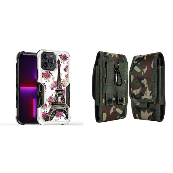 Case and Pouch Bundle for iPhone 14 Pro Max: Heavy Duty Armor Rugged Case (Eiffel Tower Flowers) and Vertical Rugged Nylon Belt Holster (Green Camo)